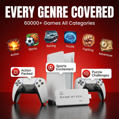 ILIORIA™ RETRO GAME STICK PRO 60,000 + CLASSIC GAMES + 2 FREE WIRELESS CONTROLLERS | PLUG INTO ANY TV & PLAY INSTANTLY